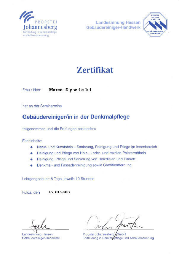 Zertifikat Denkmalplege